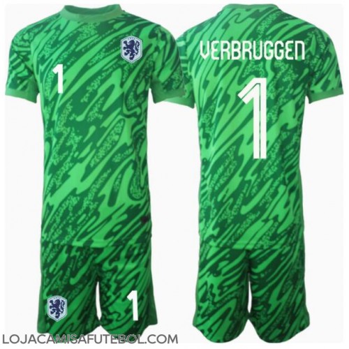 Camisa de Futebol Holanda Bart Verbruggen #1 Goleiro Equipamento Principal Infantil Europeu 2024 Manga Curta (+ Calças curtas)